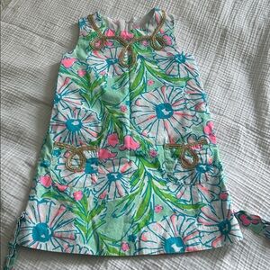 Lilly Pulitzer Shift Dress Girls Size 6 Green Floral Gold Accents Zip